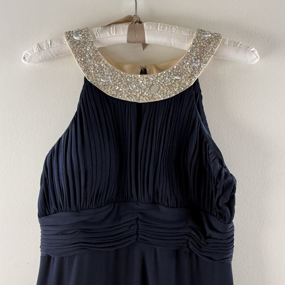 Navy Gown Sz 12 Beaded Neck Keyhole Halter Maxi Prom Formal Dress JS Boutique - Picture 2 of 14
